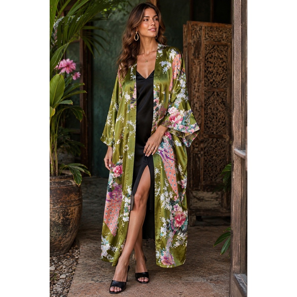 NWT Oriental Village Silk Kimono Robe Peacock Floral Olive Green One Size